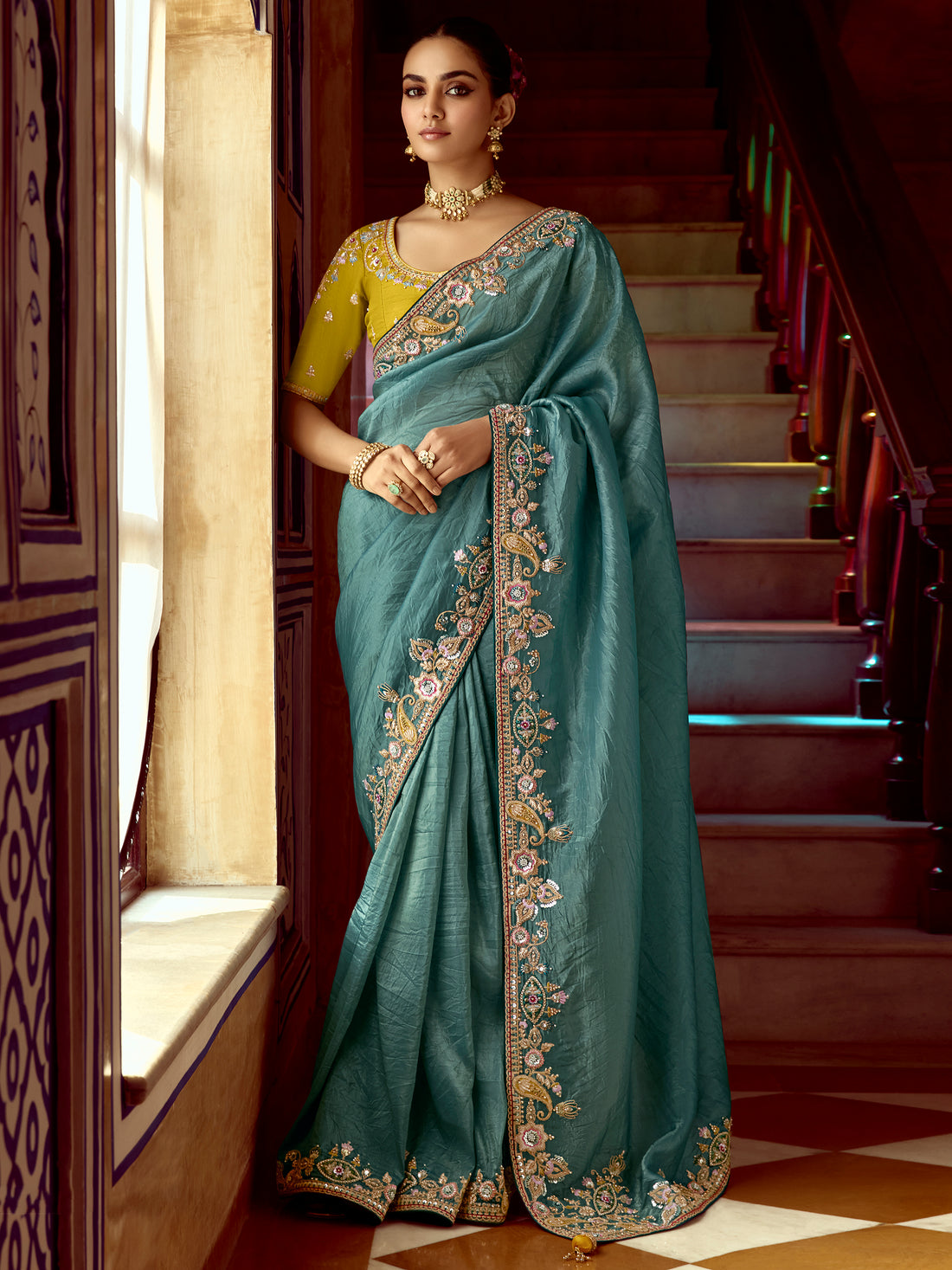 Wonderful Teal Blue Border Work Organza Silk Festive Wear Saree With Blouse