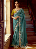 Wonderful Teal Blue Border Work Organza Silk Festive Wear Saree With Blouse