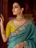 Wonderful Teal Blue Border Work Organza Silk Festive Wear Saree With Blouse