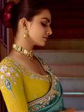 Wonderful Teal Blue Border Work Organza Silk Festive Wear Saree With Blouse