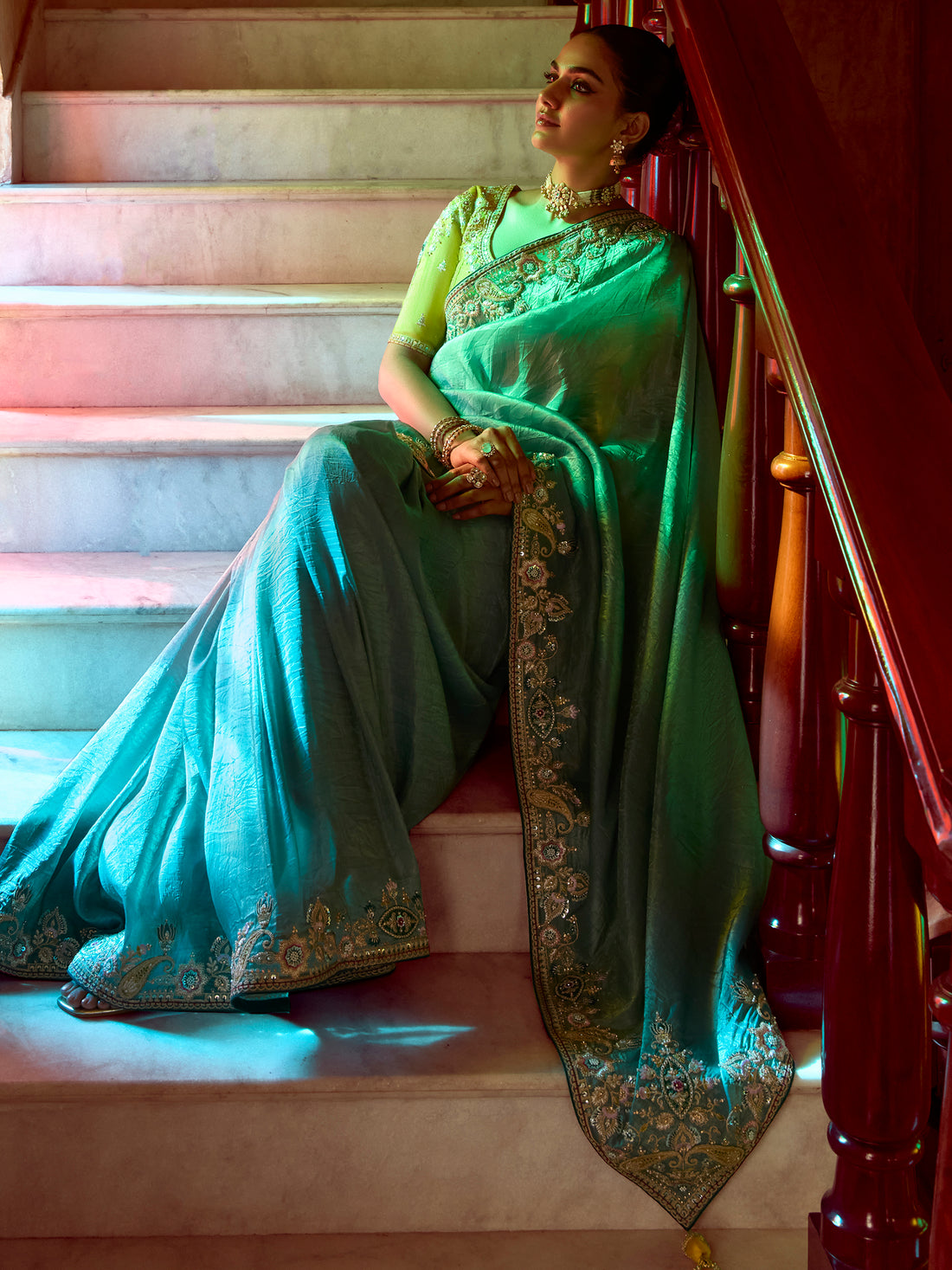 Wonderful Teal Blue Border Work Organza Silk Festive Wear Saree With Blouse
