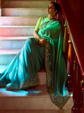 Wonderful Teal Blue Border Work Organza Silk Festive Wear Saree With Blouse