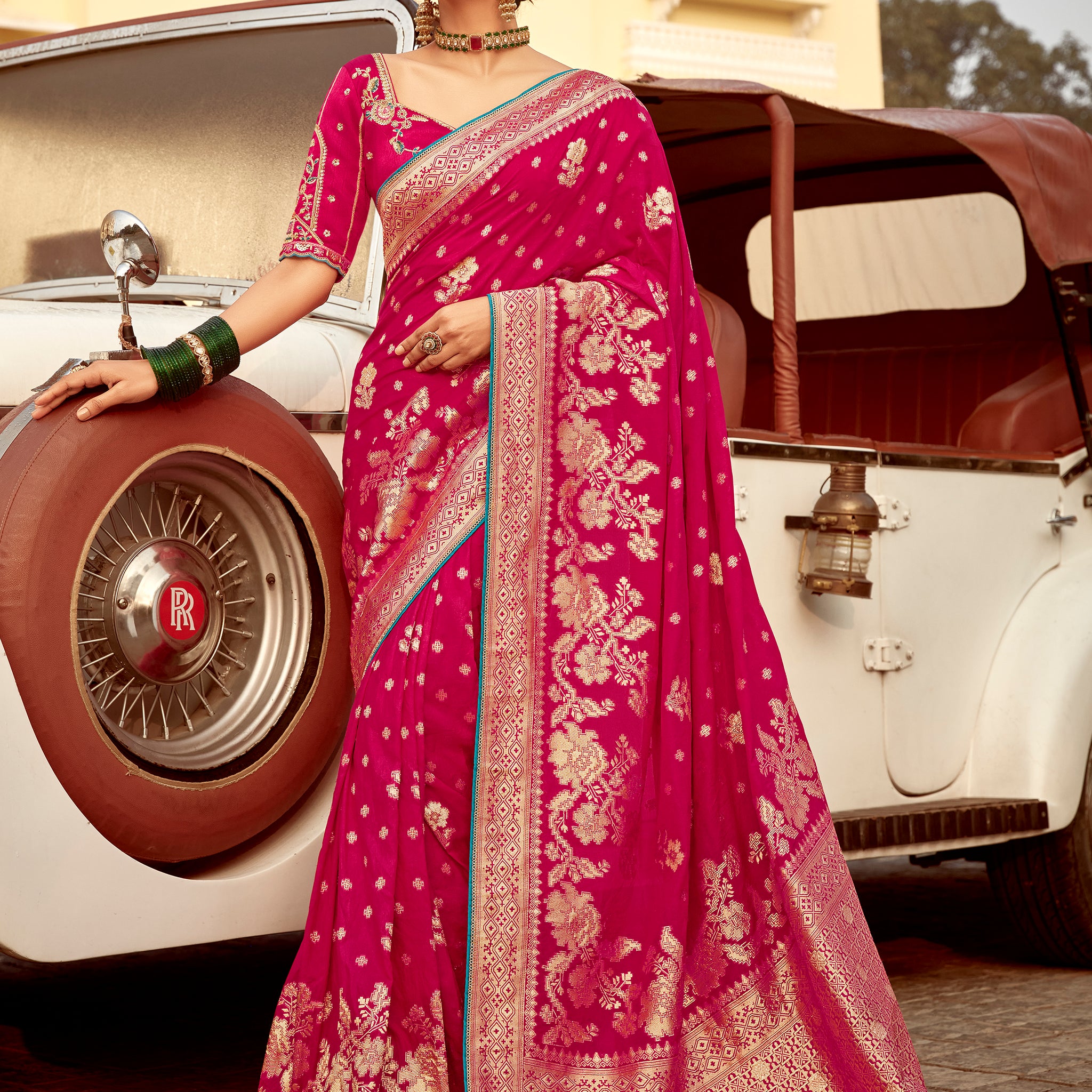 Astonishing Pink Zari Weaving Dola Silk Engagement Wear Saree