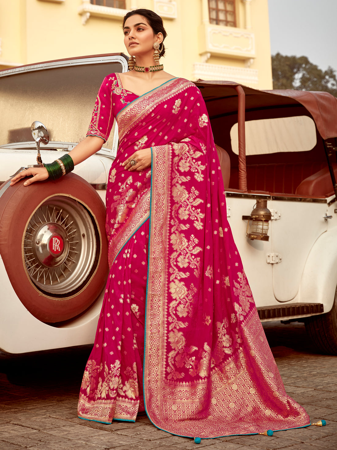 Astonishing Pink Zari Weaving Dola Silk Engagement Wear Saree