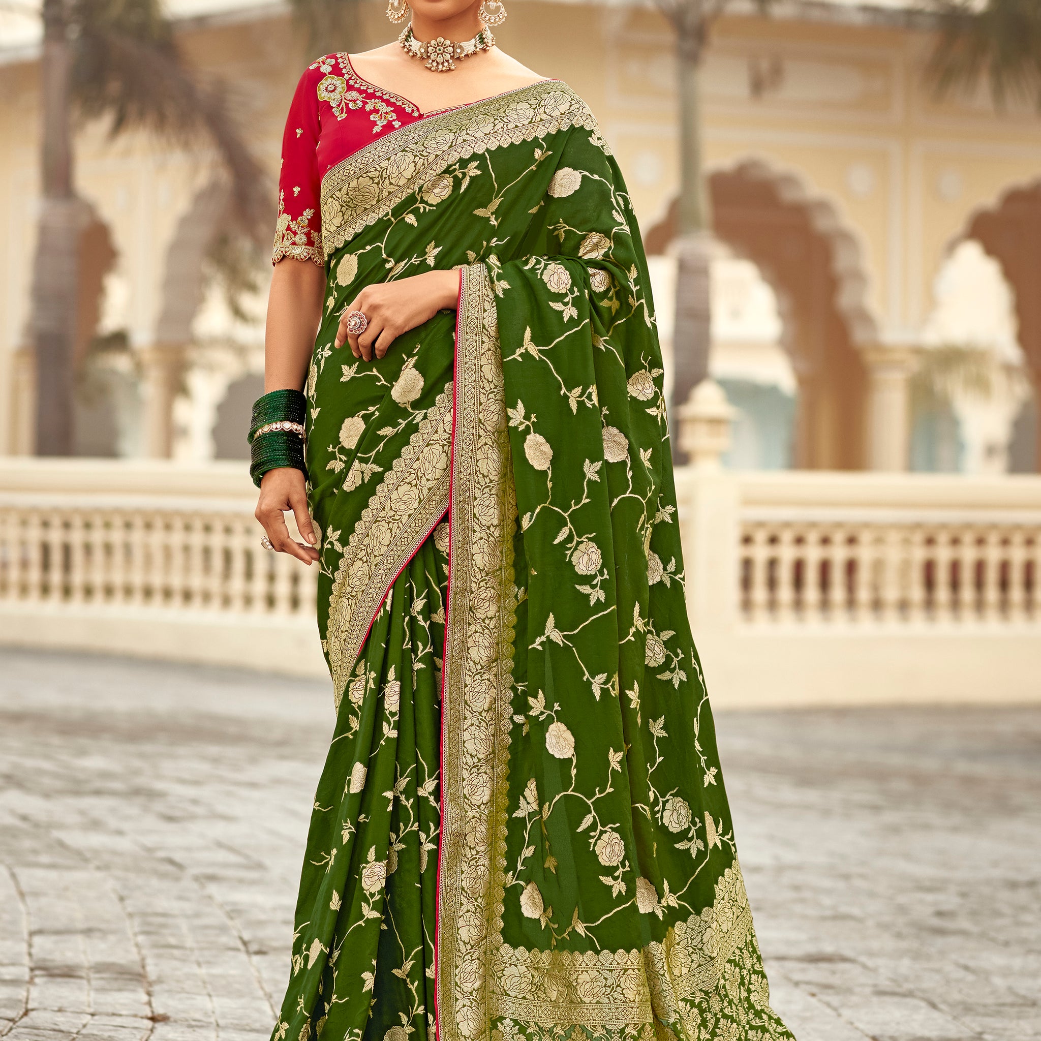 Enchanting Olive Green Zari Weaving Dola Silk Mehendi Wear Saree