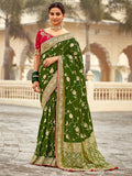 Enchanting Olive Green Zari Weaving Dola Silk Mehendi Wear Saree