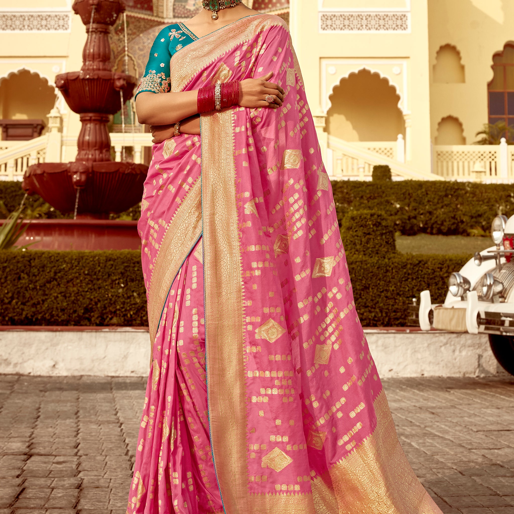 Excellent Pink Zari Weaving Dola Silk Traditional Saree With Blouse 