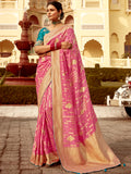 Excellent Pink Zari Weaving Dola Silk Traditional Saree With Blouse 
