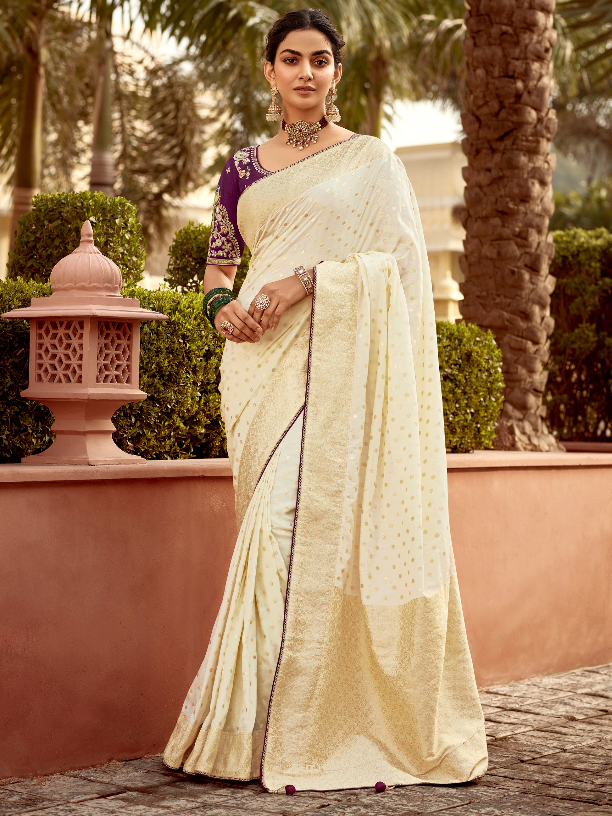 Alluring Off-White Zari Weaving Dola Silk Festive Wear Saree With Blouse