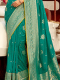 Attractive Teal Green Zari Weaving Dola Silk Engagement Wear Saree With Blouse