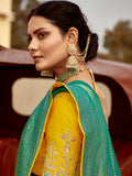 Attractive Teal Green Zari Weaving Dola Silk Engagement Wear Saree With Blouse