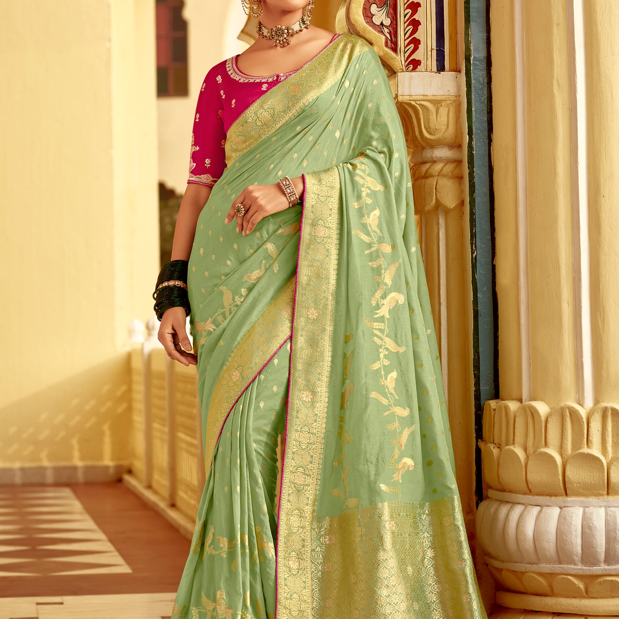 Charming Pista Green Zari Weaving Dola Silk Traditional Saree With Blouse