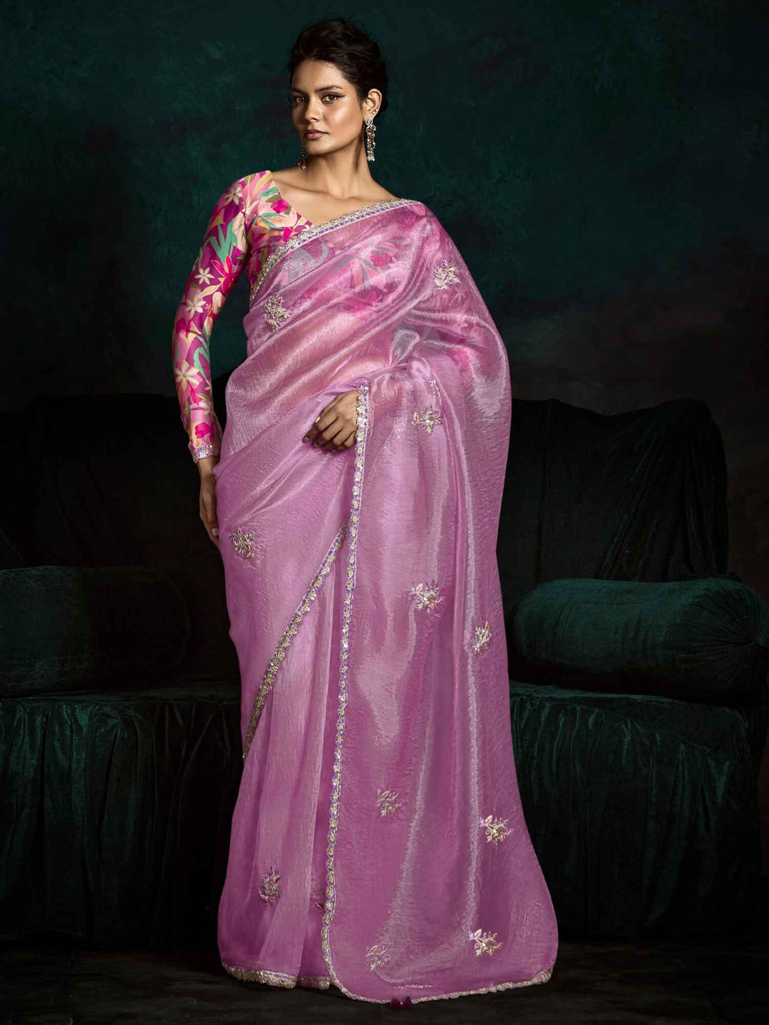 Ravishing Pink Zari Embroidered Tissue Silk Saree With Blouse