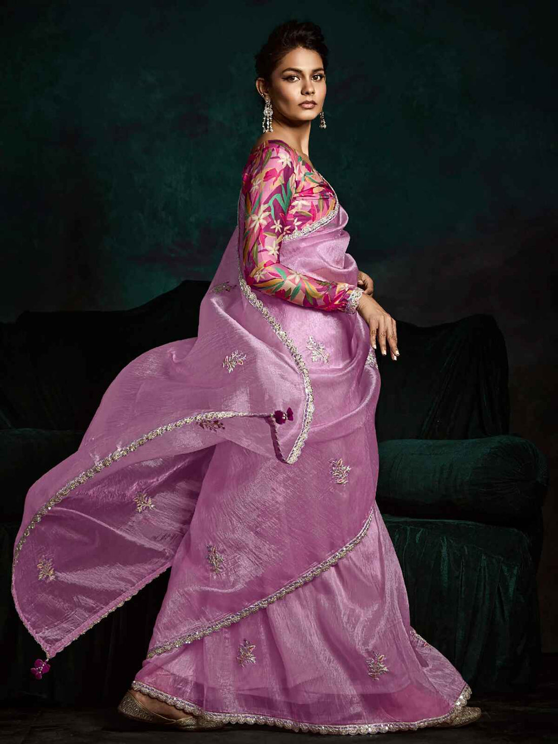 Ravishing Pink Zari Embroidered Tissue Silk Saree With Blouse
