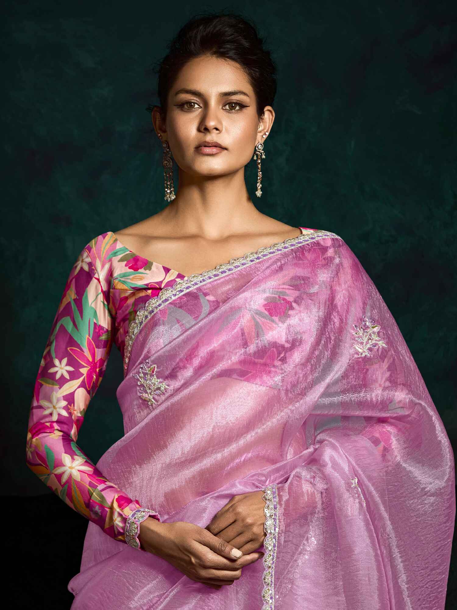 Ravishing Pink Zari Embroidered Tissue Silk Saree With Blouse