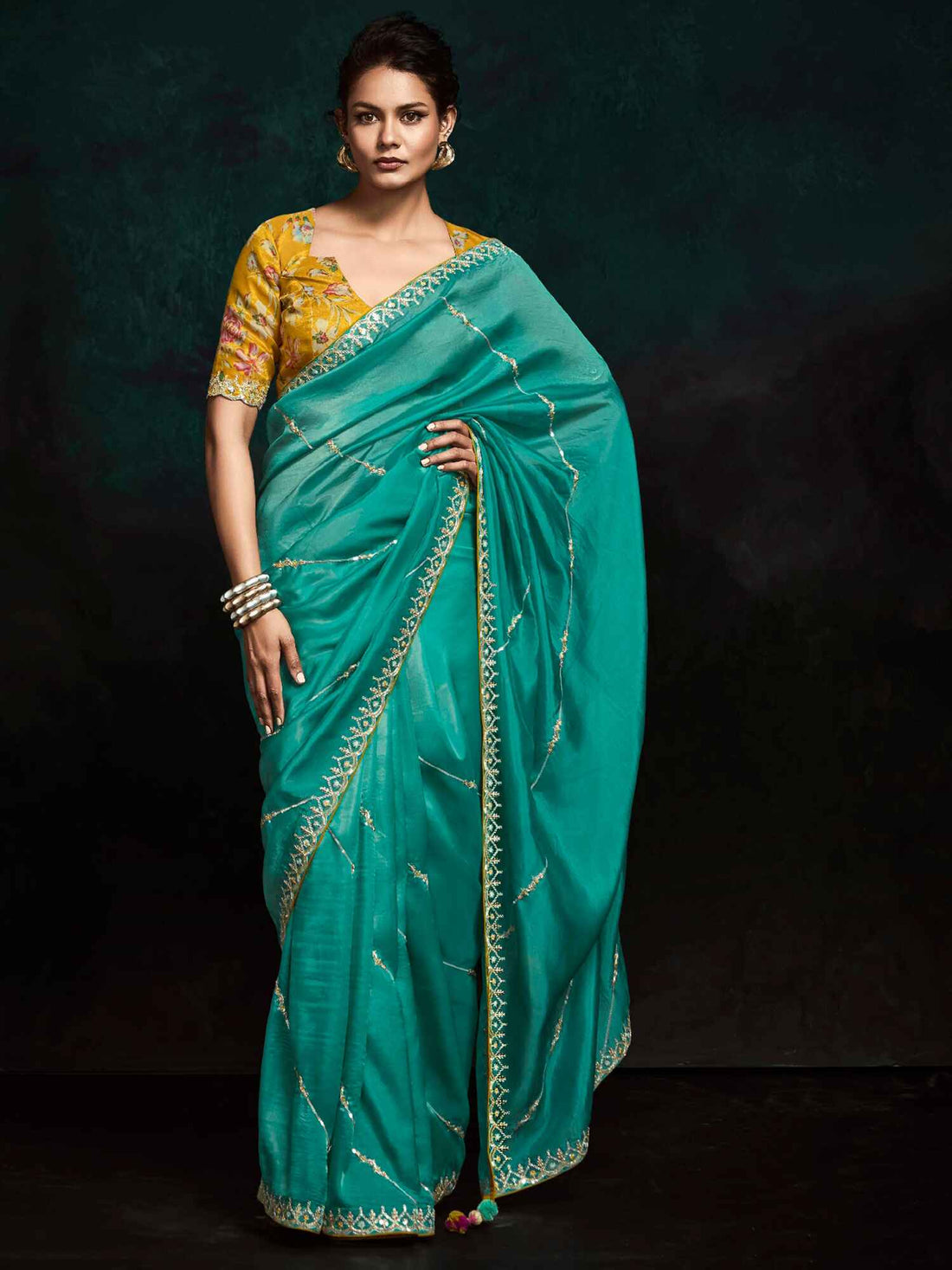 Lovely Teal Green Embroidered Tissue Silk Festival Wear Saree