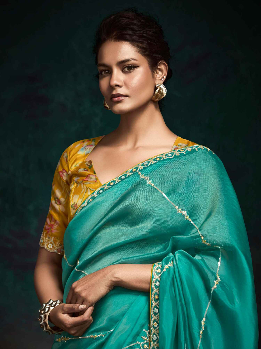 Lovely Teal Green Embroidered Tissue Silk Festival Wear Saree
