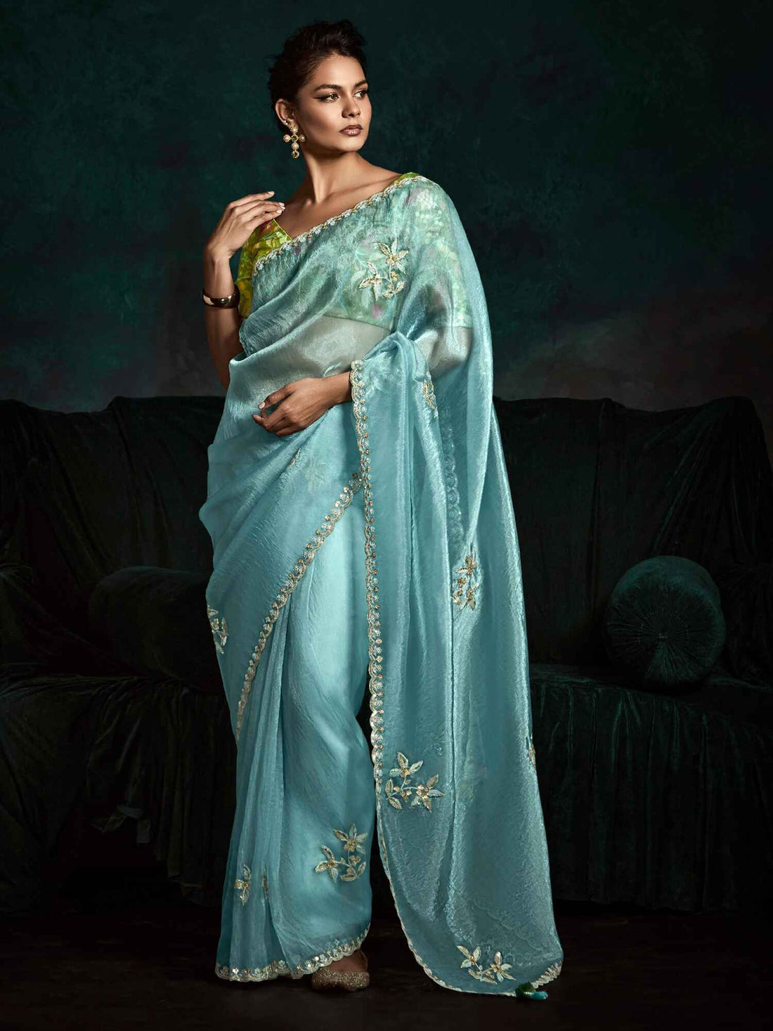Pretty Sky-Blue Embroidered Tissue Silk Engagement Wear Saree