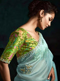 Pretty Sky-Blue Embroidered Tissue Silk Engagement Wear Saree