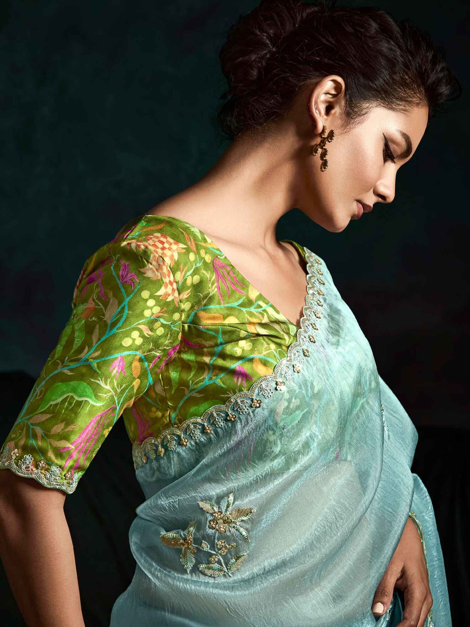 Pretty Sky-Blue Embroidered Tissue Silk Engagement Wear Saree