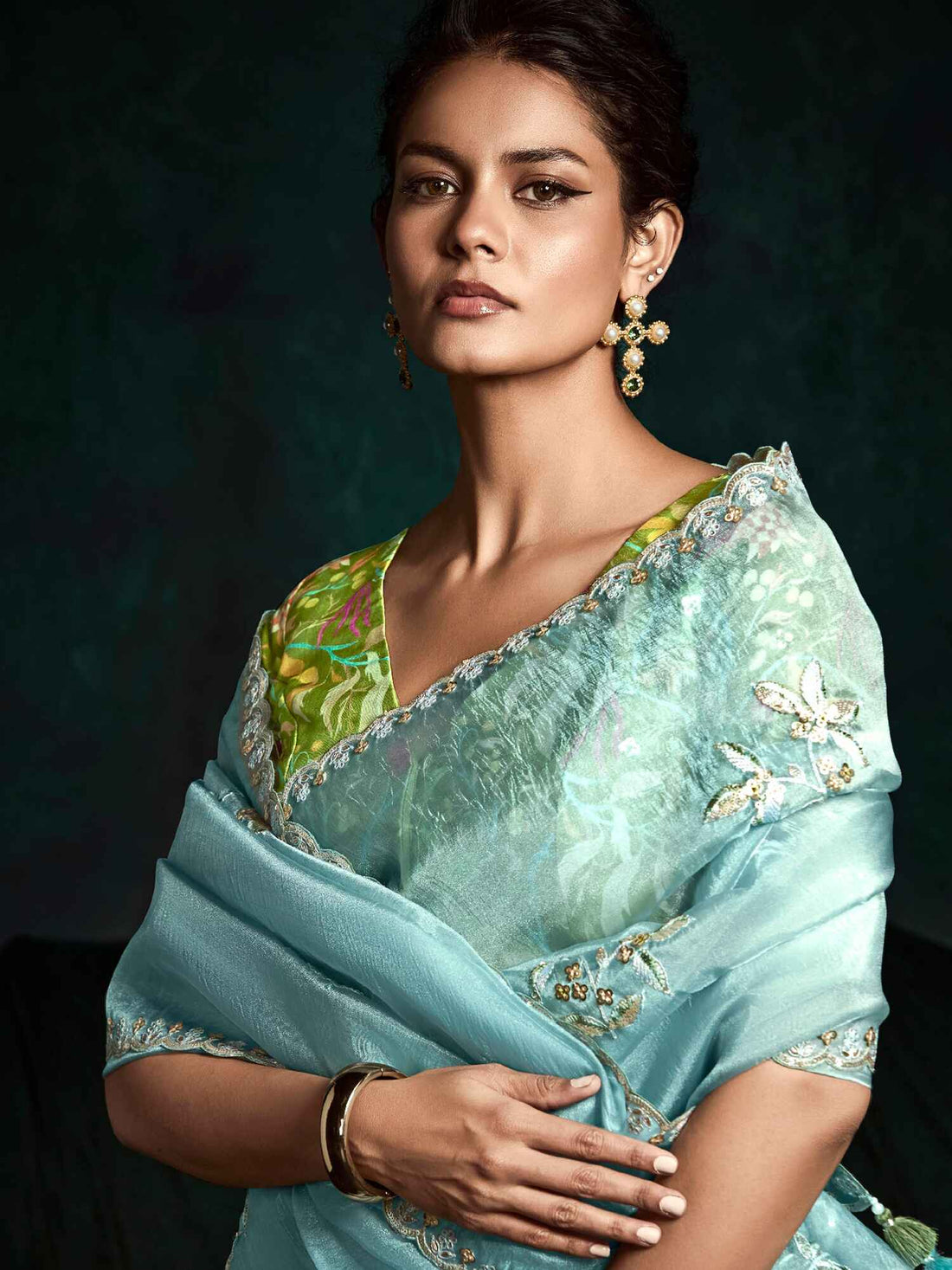 Pretty Sky-Blue Embroidered Tissue Silk Engagement Wear Saree