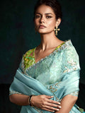 Pretty Sky-Blue Embroidered Tissue Silk Engagement Wear Saree