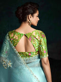 Pretty Sky-Blue Embroidered Tissue Silk Engagement Wear Saree