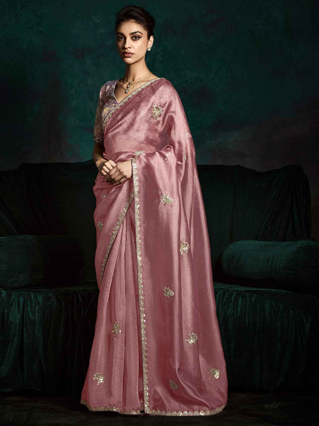 Fascinating Pink Tissue Silk Engagement Wear Saree With Blouse