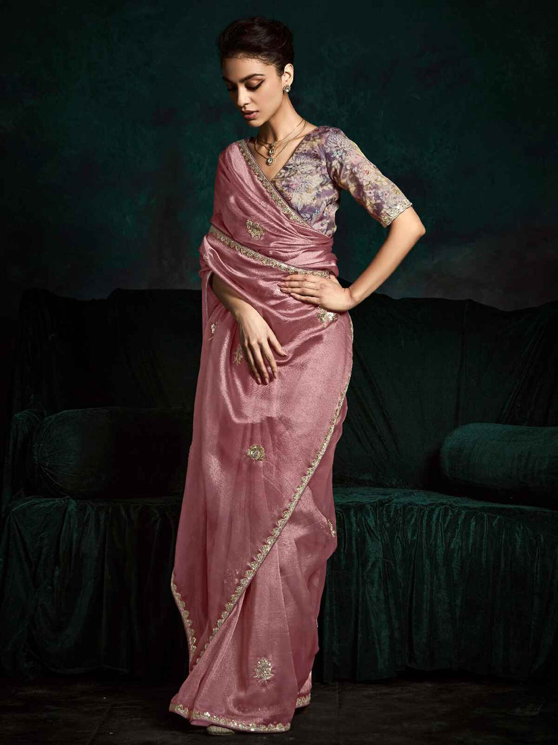 Fascinating Pink Tissue Silk Engagement Wear Saree With Blouse