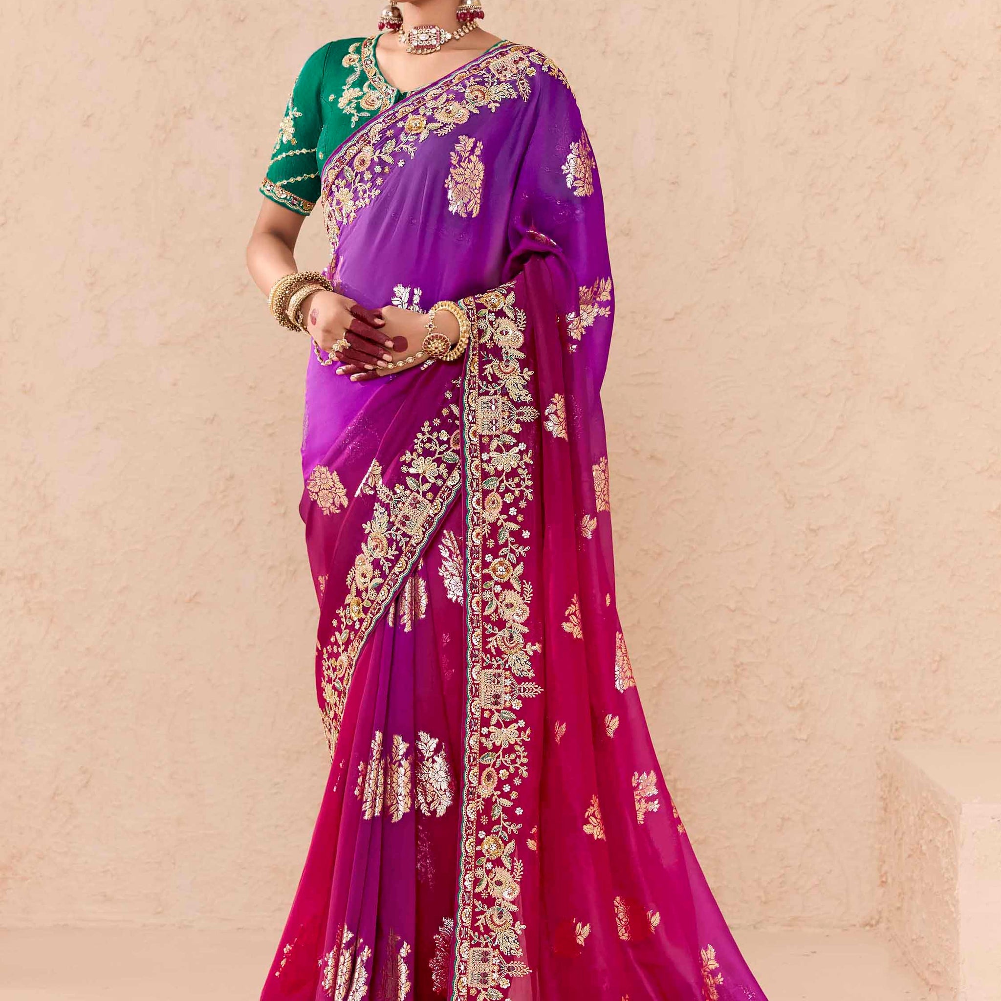 Fabulous Purple Thread Embroidered Viscose Wedding Wear Saree