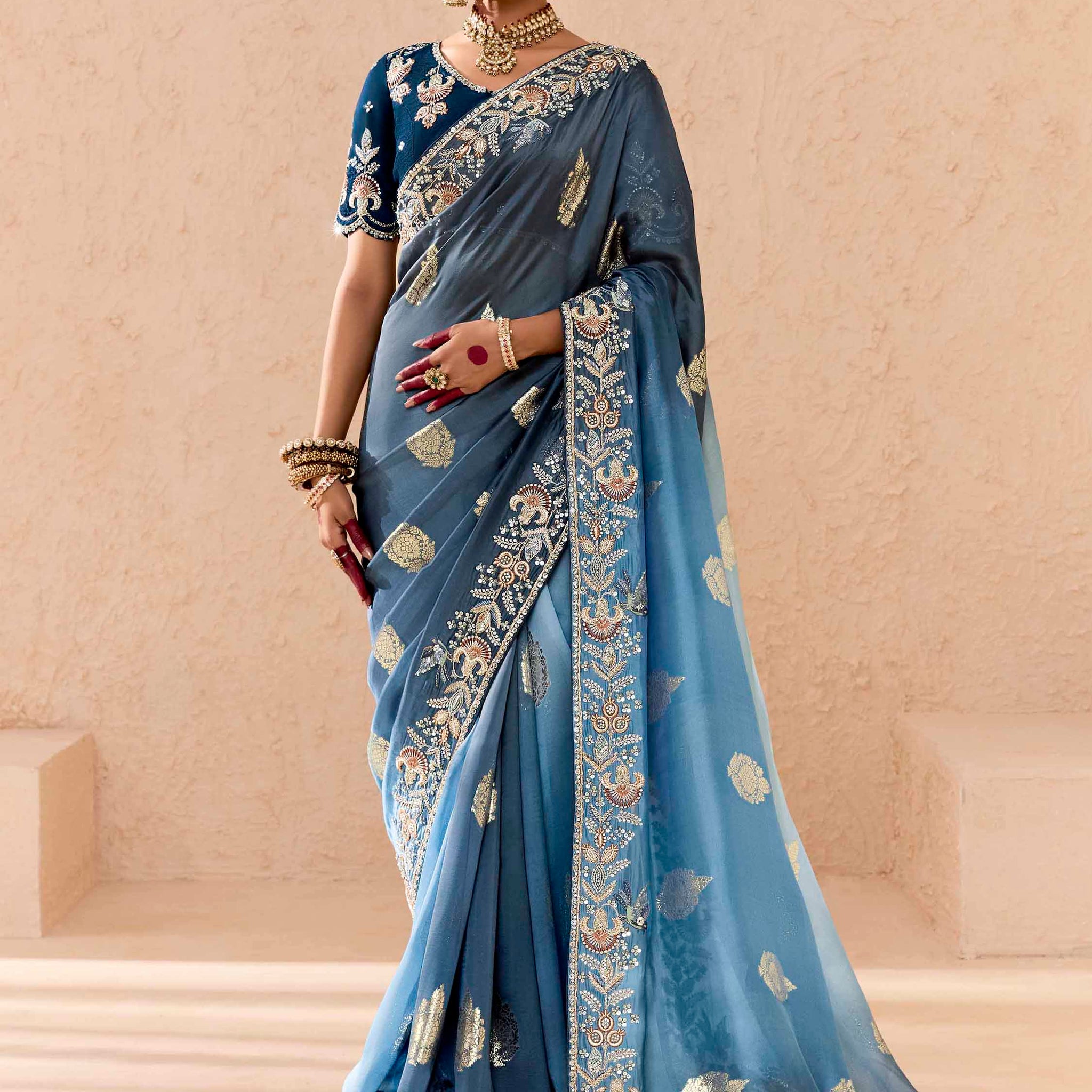 Dazzling Dusty Blue Thread Embroidered Viscose Wedding Wear Saree