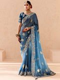 Dazzling Dusty Blue Thread Embroidered Viscose Wedding Wear Saree