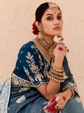 Dazzling Dusty Blue Thread Embroidered Viscose Wedding Wear Saree