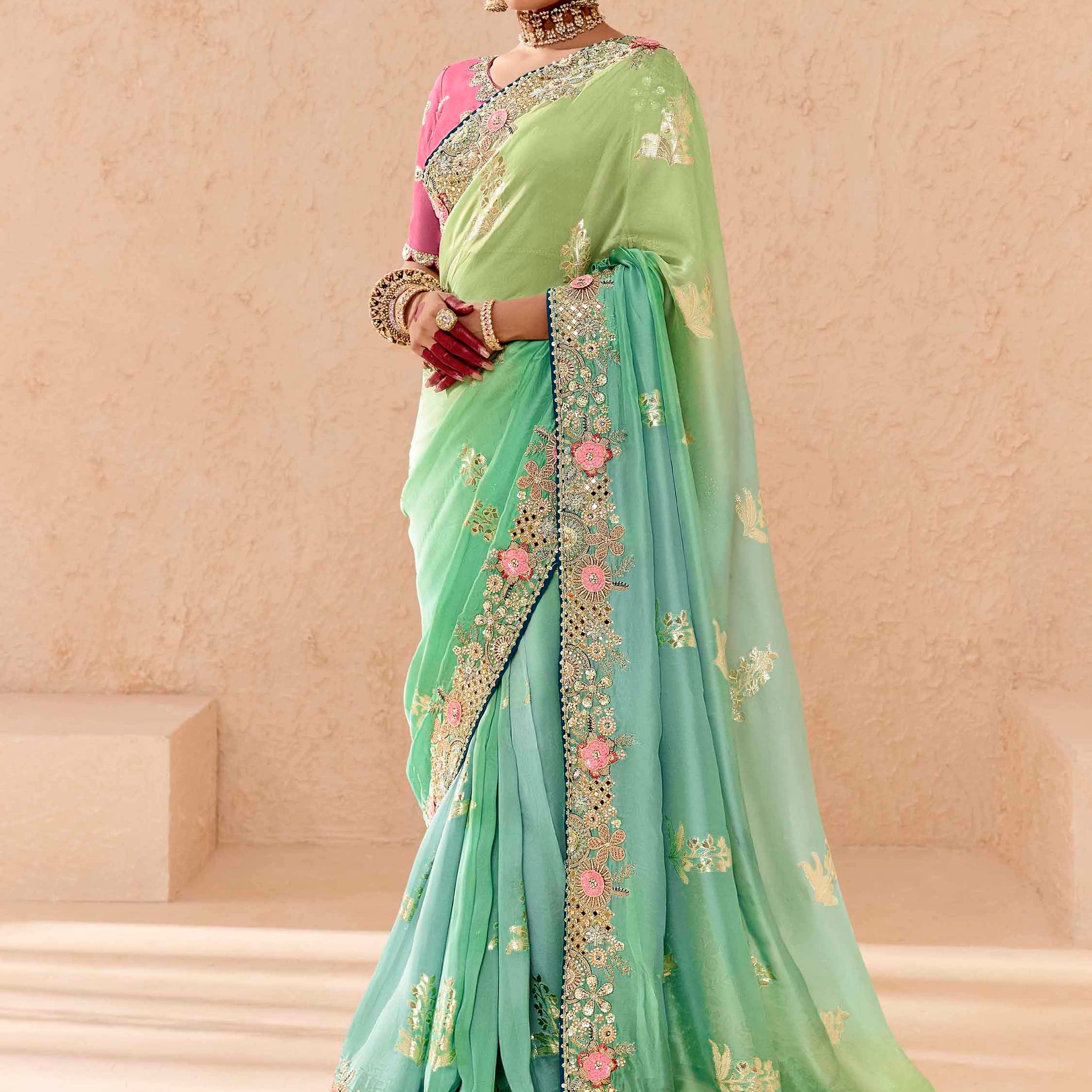 Lovely Pista Green Thread Embroidered Viscose Bridal Wear Saree
