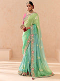 Lovely Pista Green Thread Embroidered Viscose Bridal Wear Saree