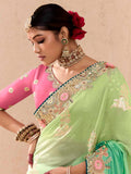Lovely Pista Green Thread Embroidered Viscose Bridal Wear Saree