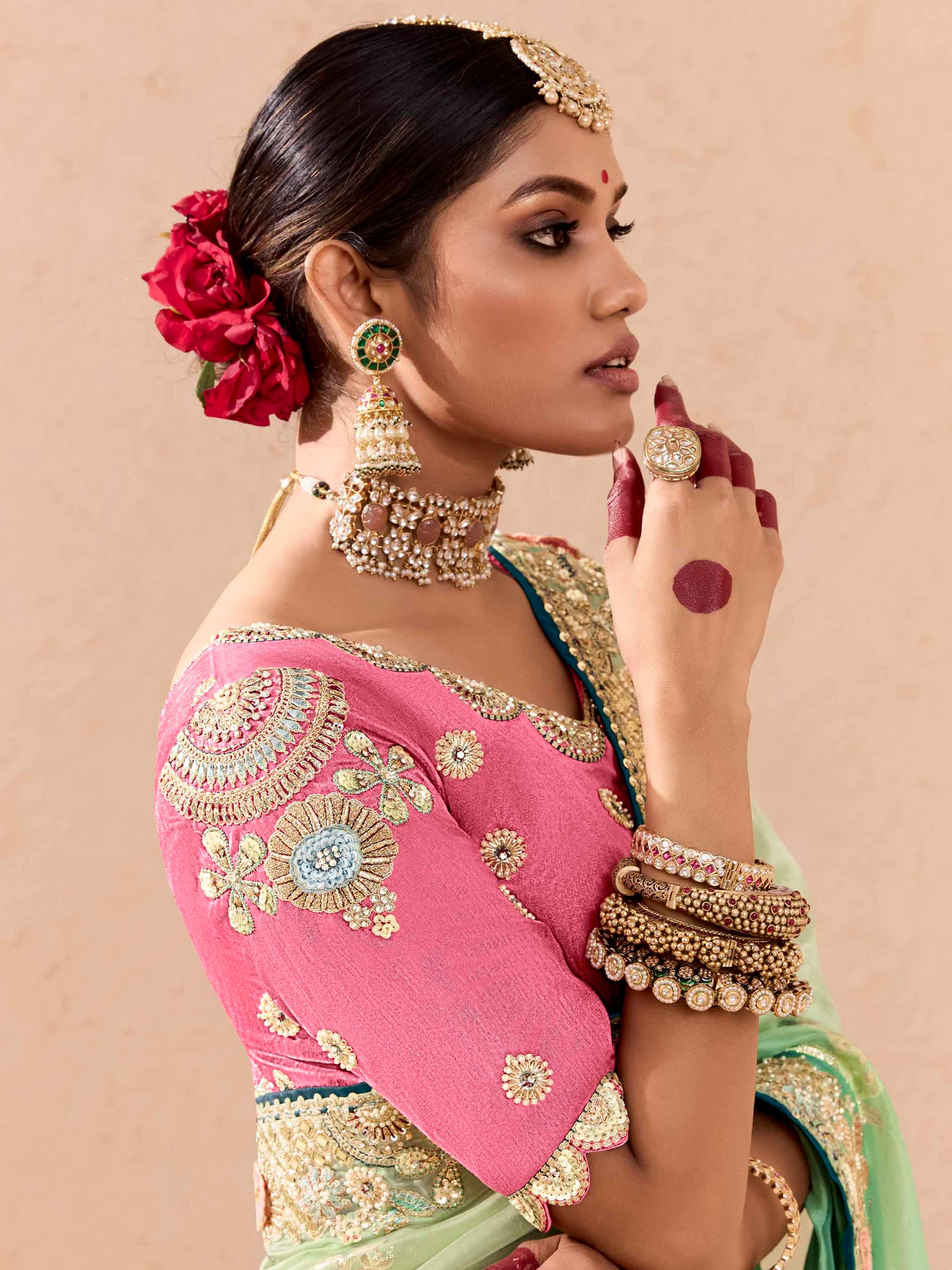 Lovely Pista Green Thread Embroidered Viscose Bridal Wear Saree