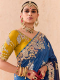 Stunning Navy Blue Thread Embroidered Viscose Engagement Wear Saree