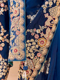 Stunning Navy Blue Thread Embroidered Viscose Engagement Wear Saree