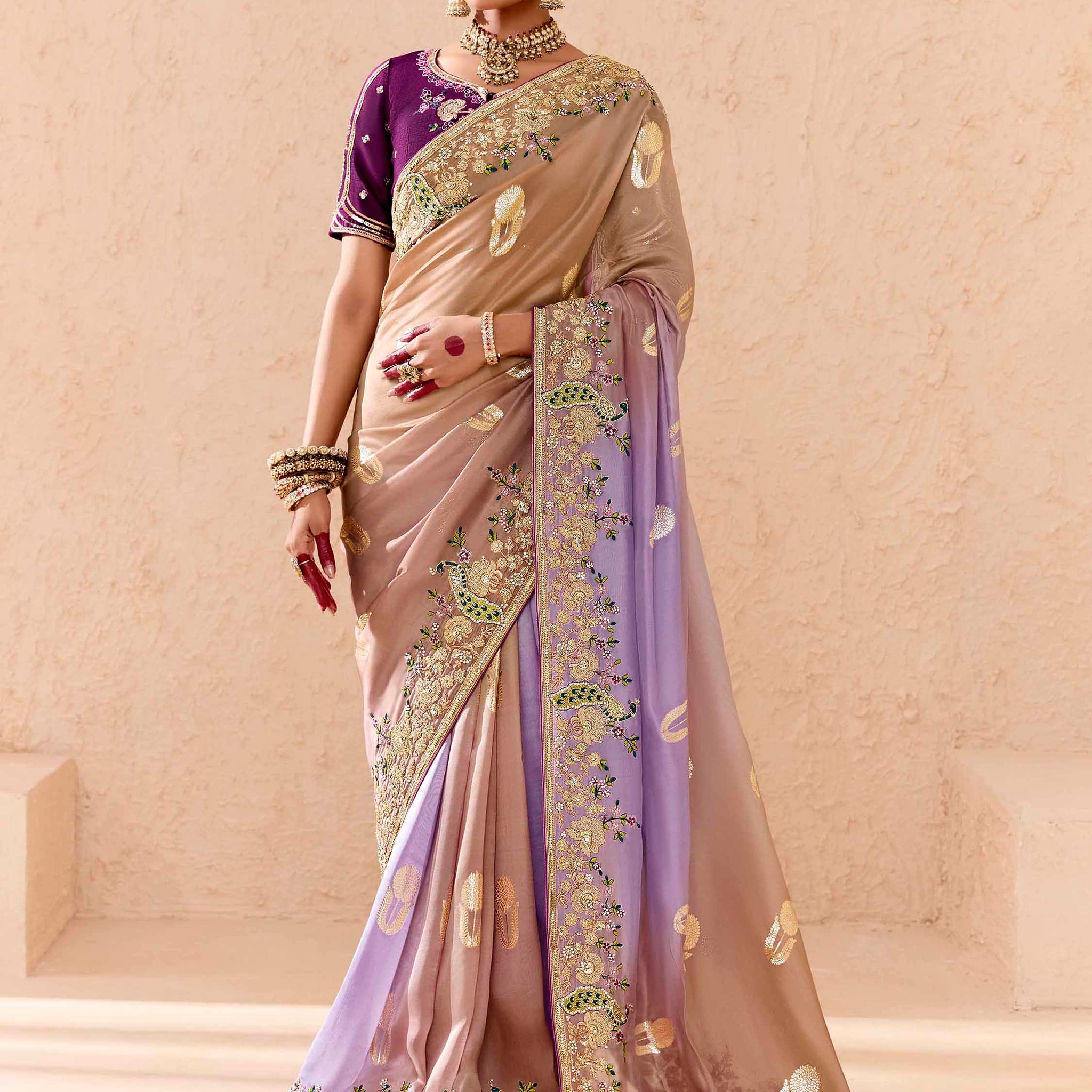 Tantalizing Ivory Thread Embroidered Viscose Bridal Wear Saree