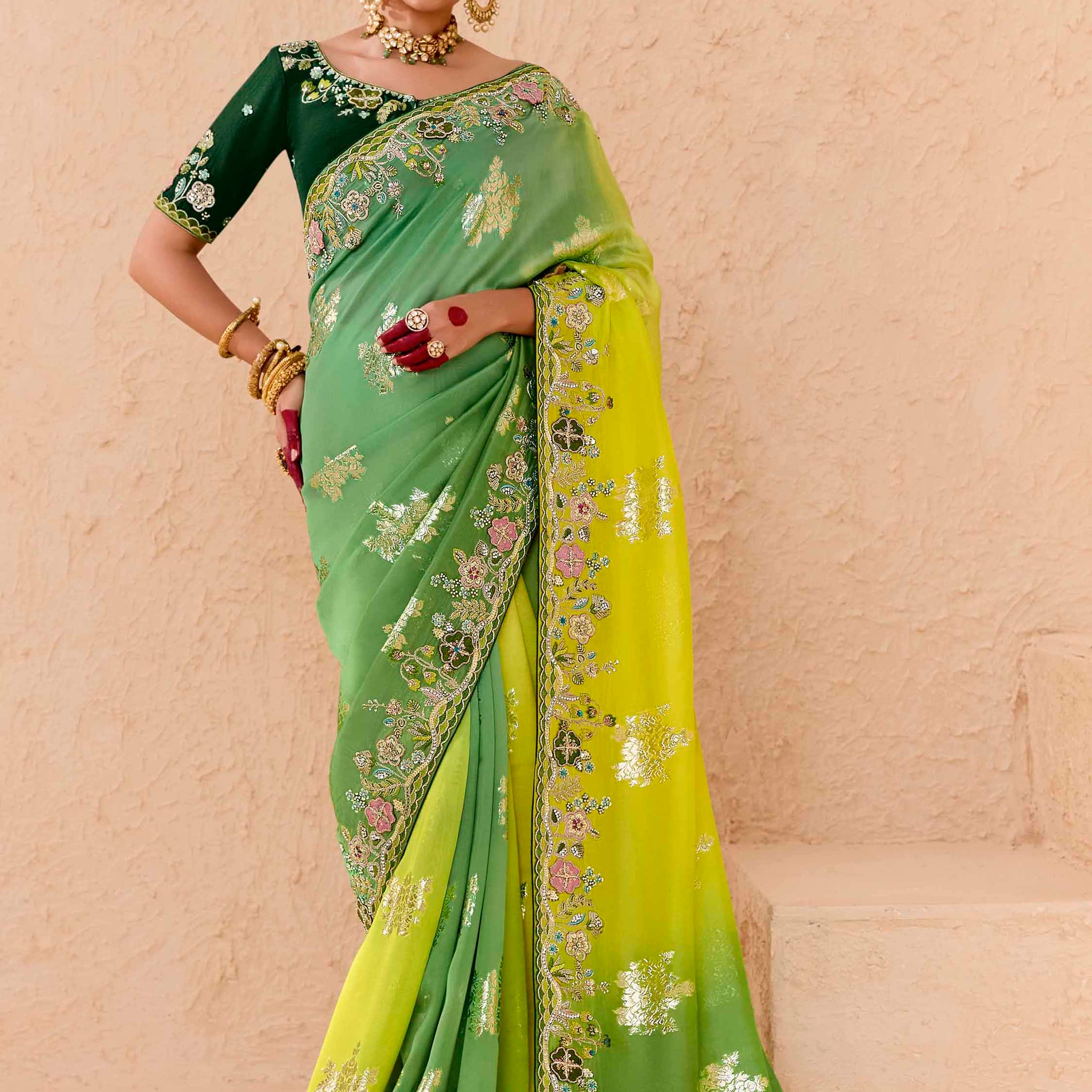Beautiful Green Thread Embroidered Viscose Evening Wear Saree