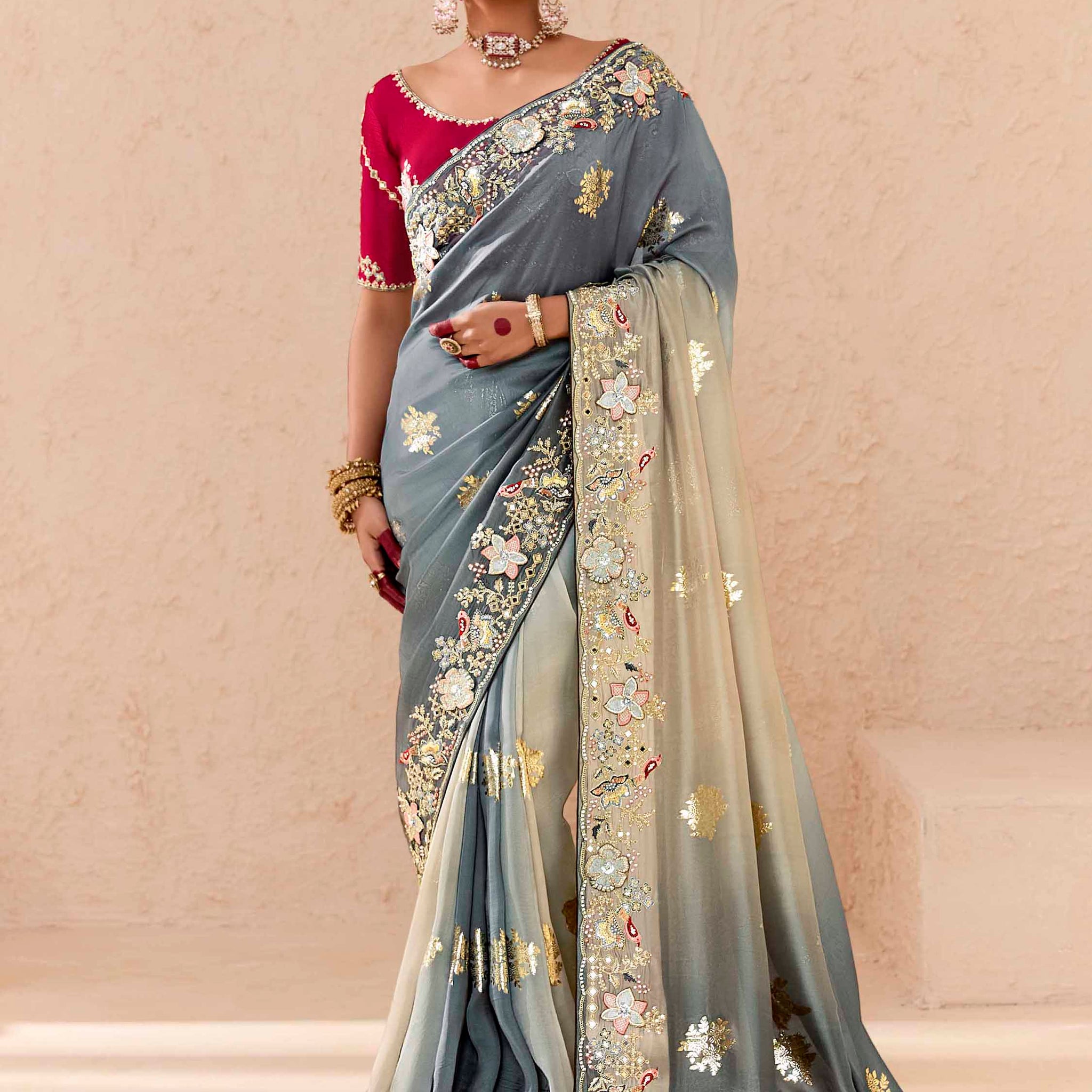 Bewitching Grey Thread Embroidered Viscose Wedding Wear Saree