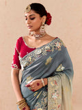 Bewitching Grey Thread Embroidered Viscose Wedding Wear Saree
