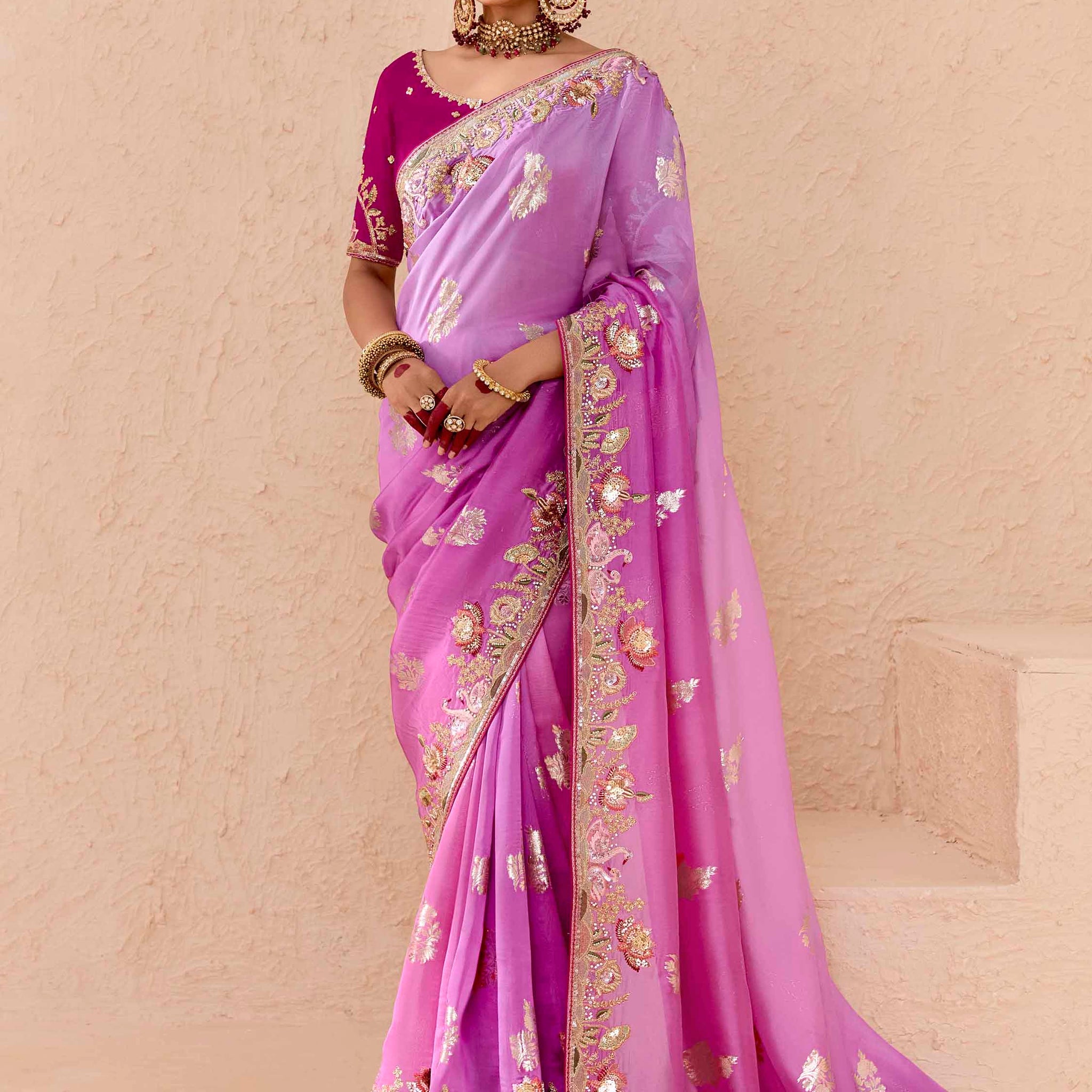 Tantalizing Purple Thread Embroidered Viscose Engagement Wear Saree