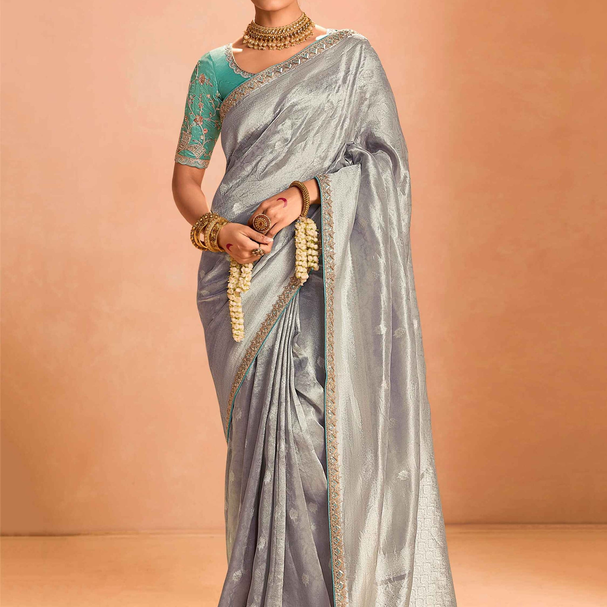 Pretty Grey Color Zari Weaving Silk Event Wear Saree With Blouse