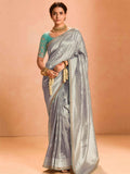 Pretty Grey Color Zari Weaving Silk Event Wear Saree With Blouse
