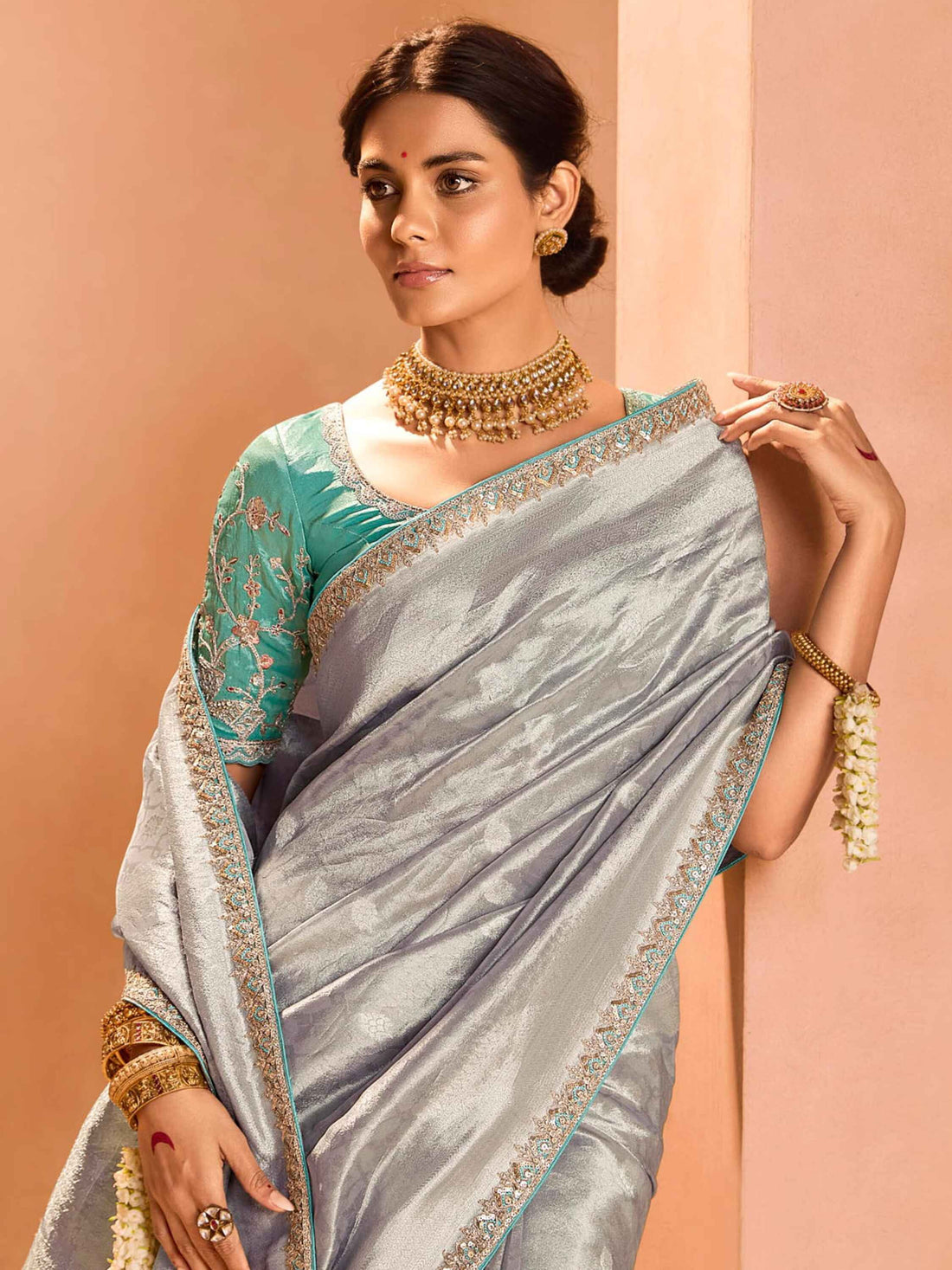 Pretty Grey Color Zari Weaving Silk Event Wear Saree With Blouse