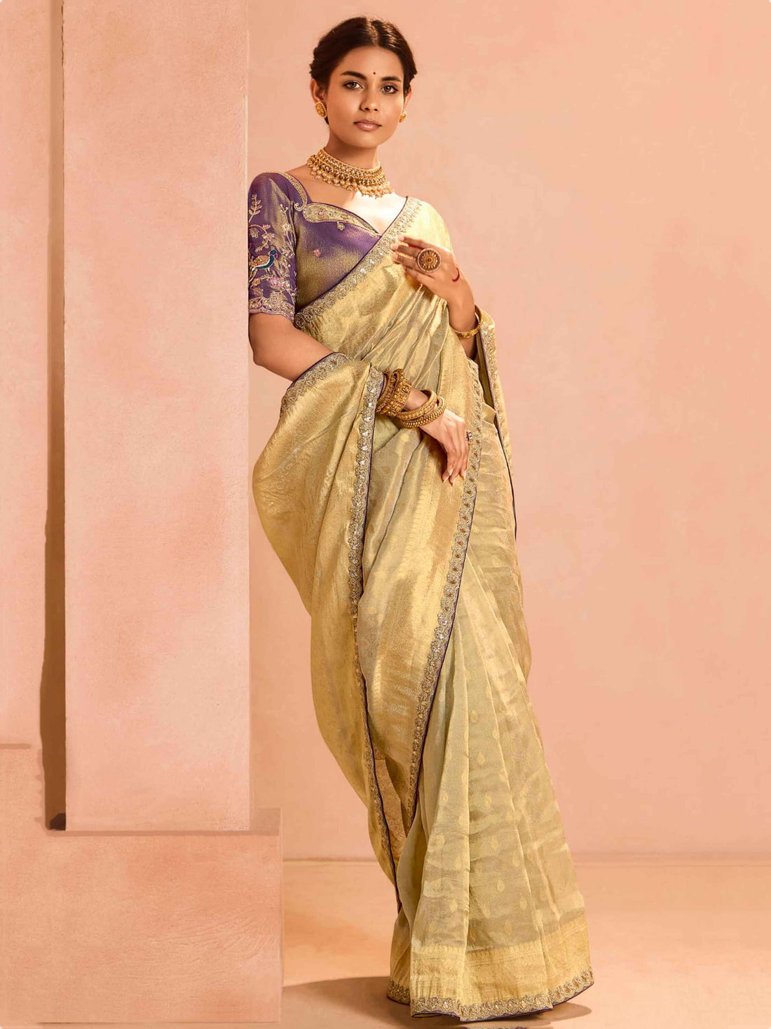 Surprising Ivory Color Zari Weaving Silk Festival Wear Saree