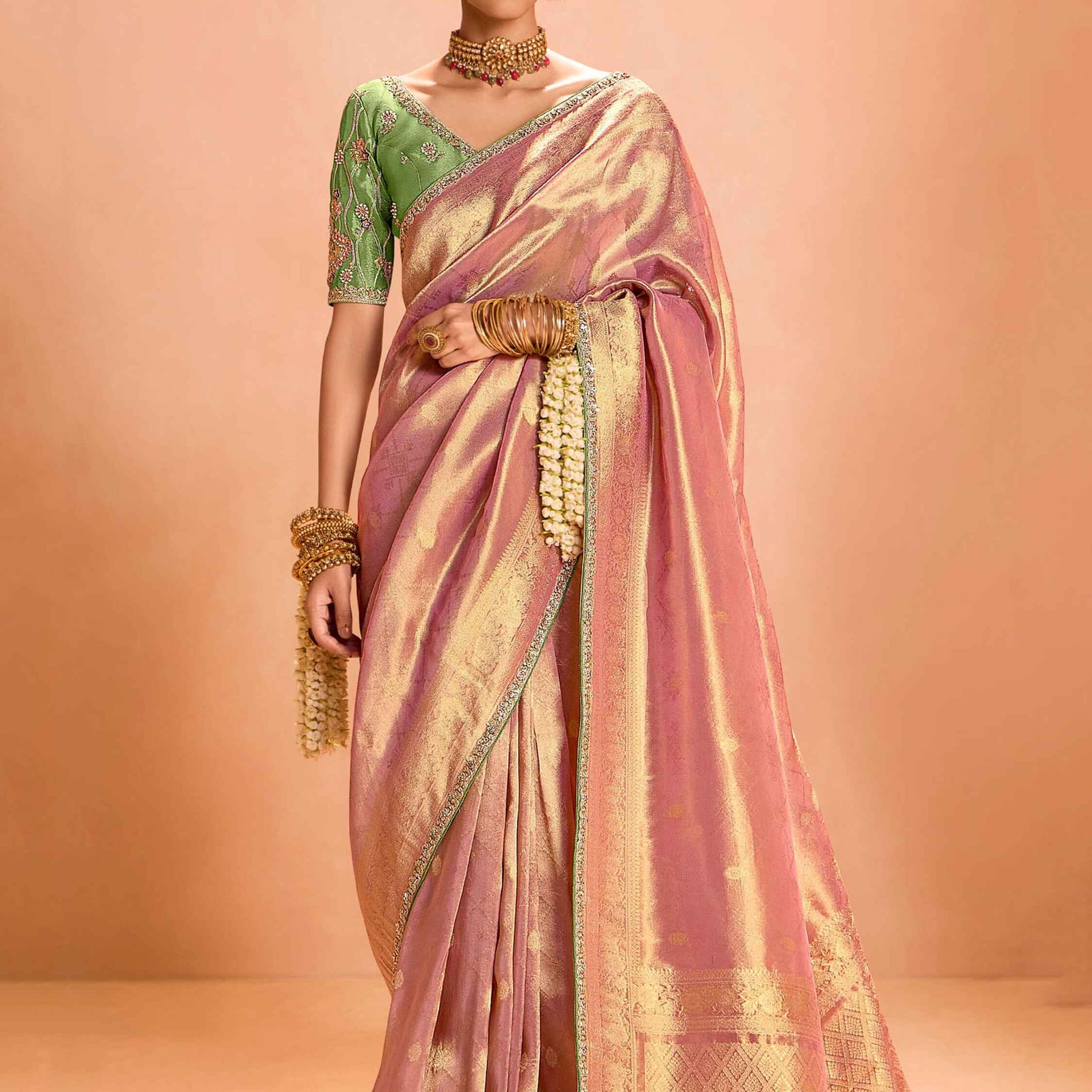 Lovely Rose Gold Zari Weaving Silk Reception Wear Saree With Blouse