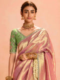 Lovely Rose Gold Zari Weaving Silk Reception Wear Saree With Blouse